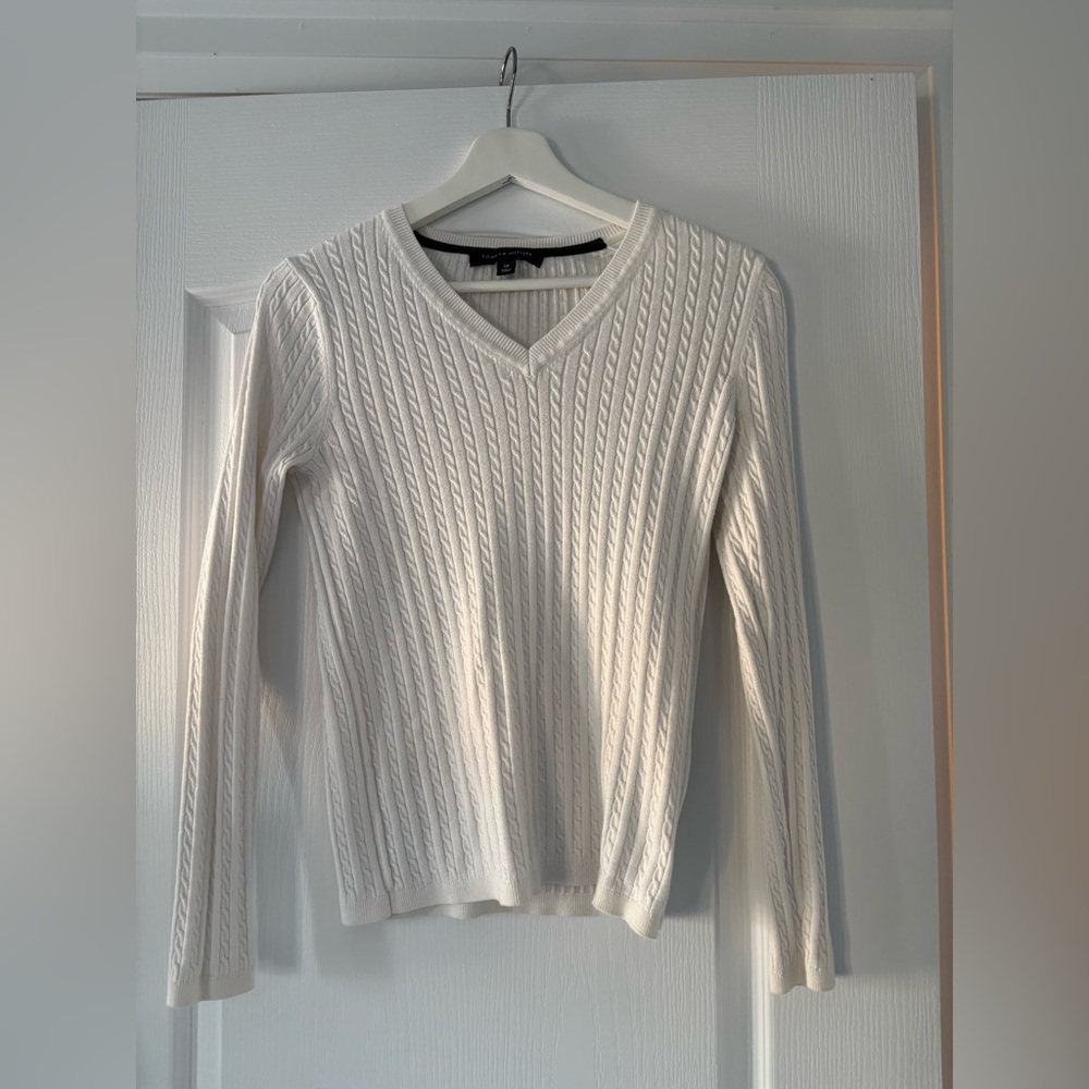 Tommy Hilfiger Cream V-Neck Cable Knit Sweater